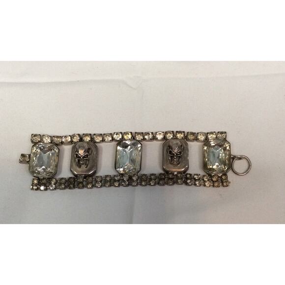 VINTAGE METAL SKULL BIKER PUNK RHINESTONE BRACELET - Picture 1 of 11